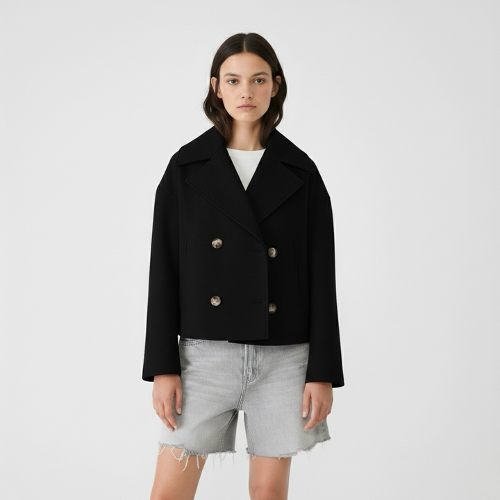 Cappotto lungo da donna con doppia abbottonatura frontale per l'inverno