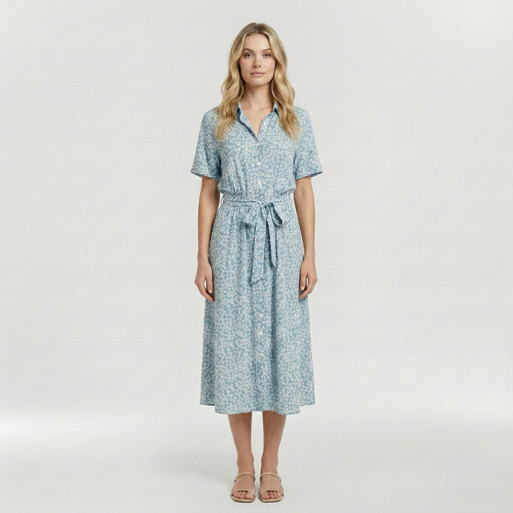 Vestito midi stampato con cintura e manica corta da donna