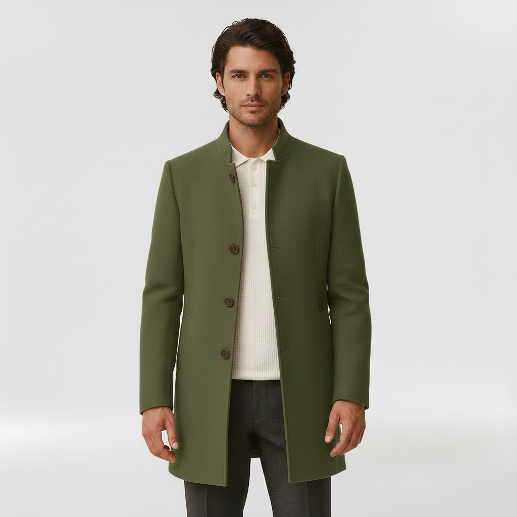 Men's coat with single front button fastening for winter
