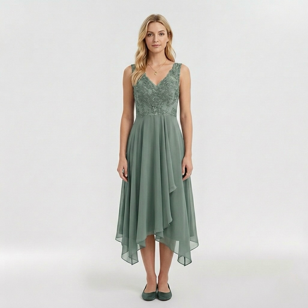 Εlegant βραδινό φόρεμα για γυναίκα με ασύμμετρη φούστα