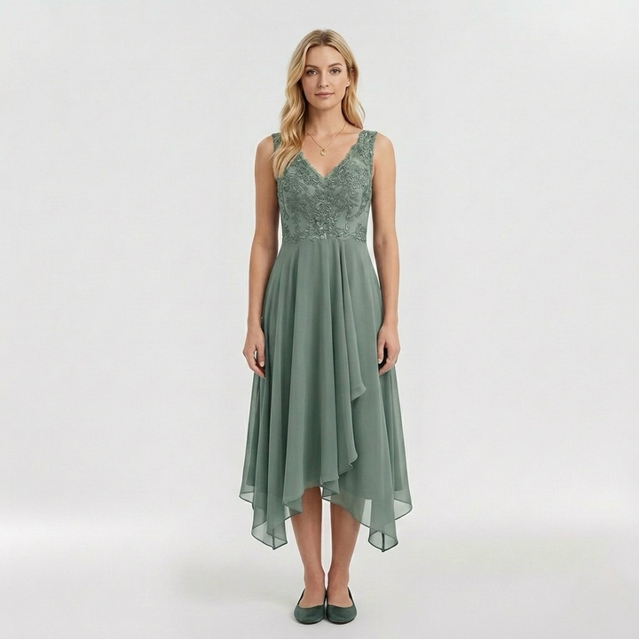 Εlegant βραδινό φόρεμα για γυναίκα με ασύμμετρη φούστα