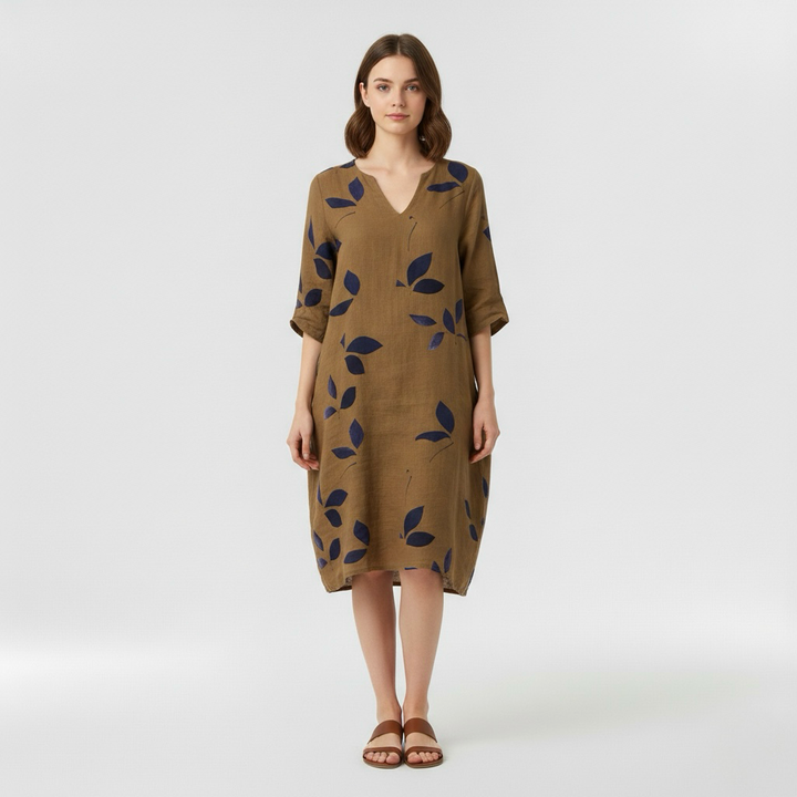 Vestido midi estampado con manga tres cuartos para mujer