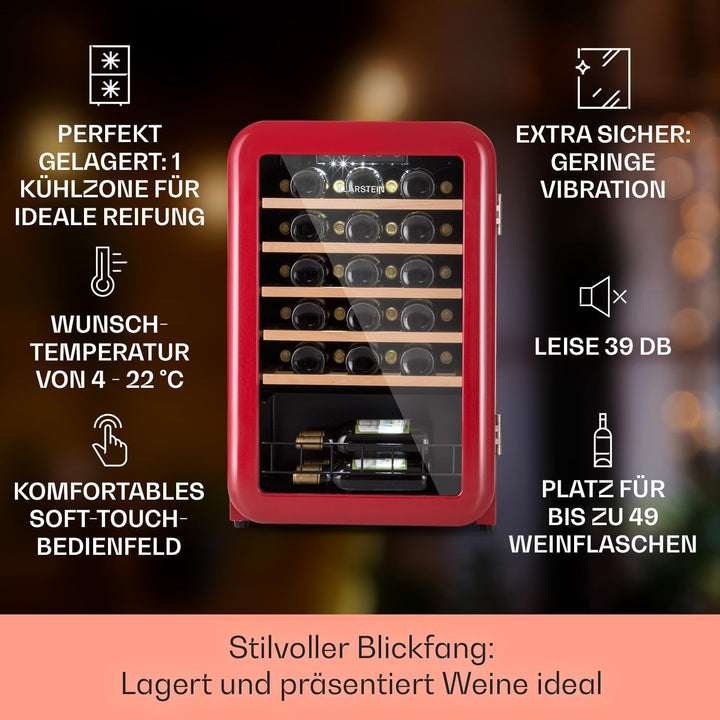 Klarstein Weinkühlschrank, Getränkekühlschrank Schmal, Kühlschrank mit Glastür, Getränkekühlschränke Freistehend, Weinkühlschrank Klein, Weinkühlschränke 1 Zone, UV-Schutz, 4-22 °C, 19 Flaschen