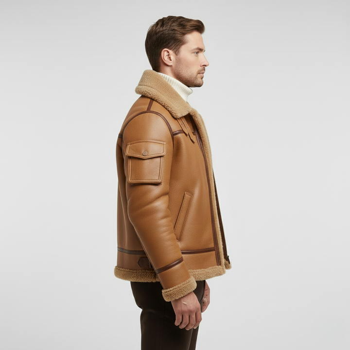 Pánská kožená bunda s beránkem v barvě velbloudí srsti na zimu