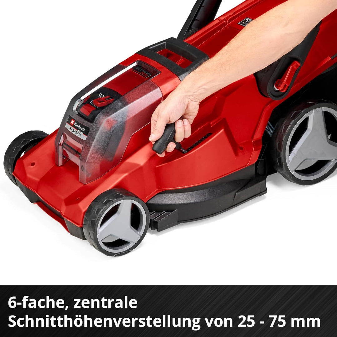 Einhell Akku-Rasenmäher RASARRO 36/42 Kit Power X-Change (36V, 42 cm Schnittbreite, bis 725 m², Brushless, 50L Fangkorb, Mulchfunktion, inkl. 2x 5,2Ah + 1x Twincharger)