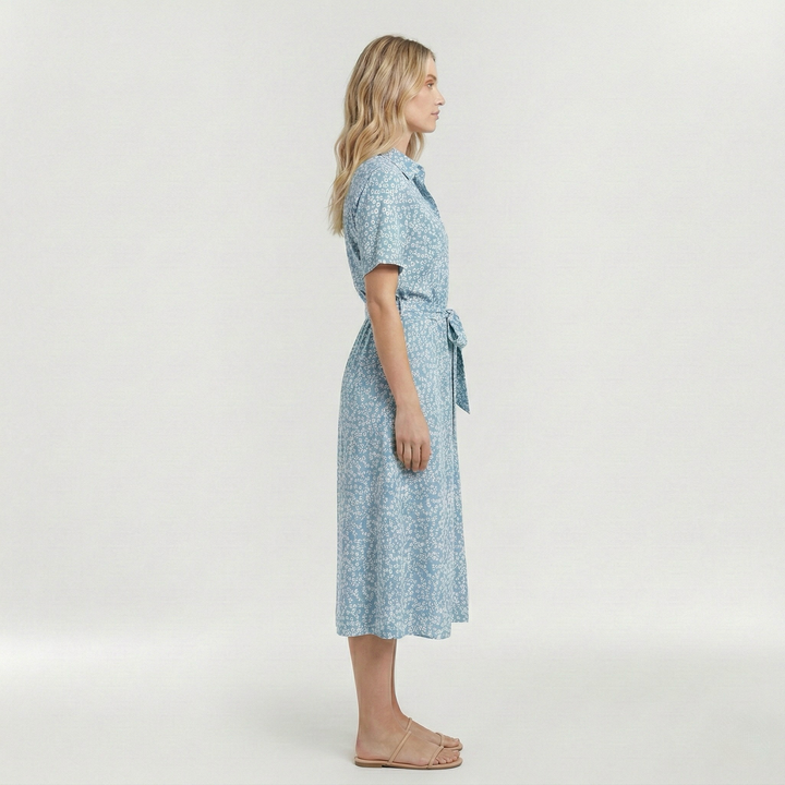 Vestito midi stampato con cintura e manica corta da donna