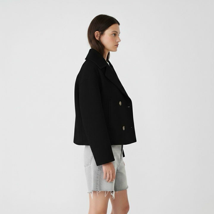 Cappotto lungo da donna con doppia abbottonatura frontale per l'inverno