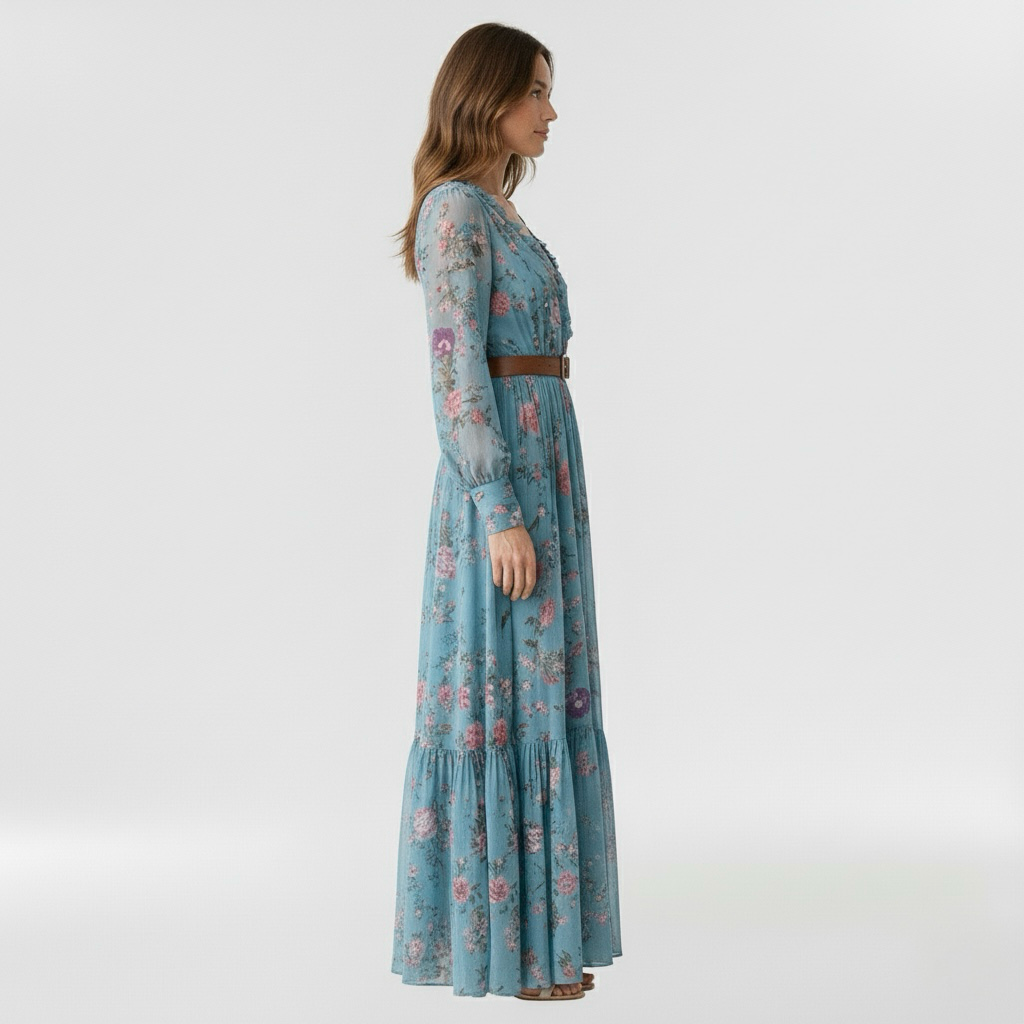 Dlouhé vzorované šaty pro ženy s volnými dlouhými rukávy