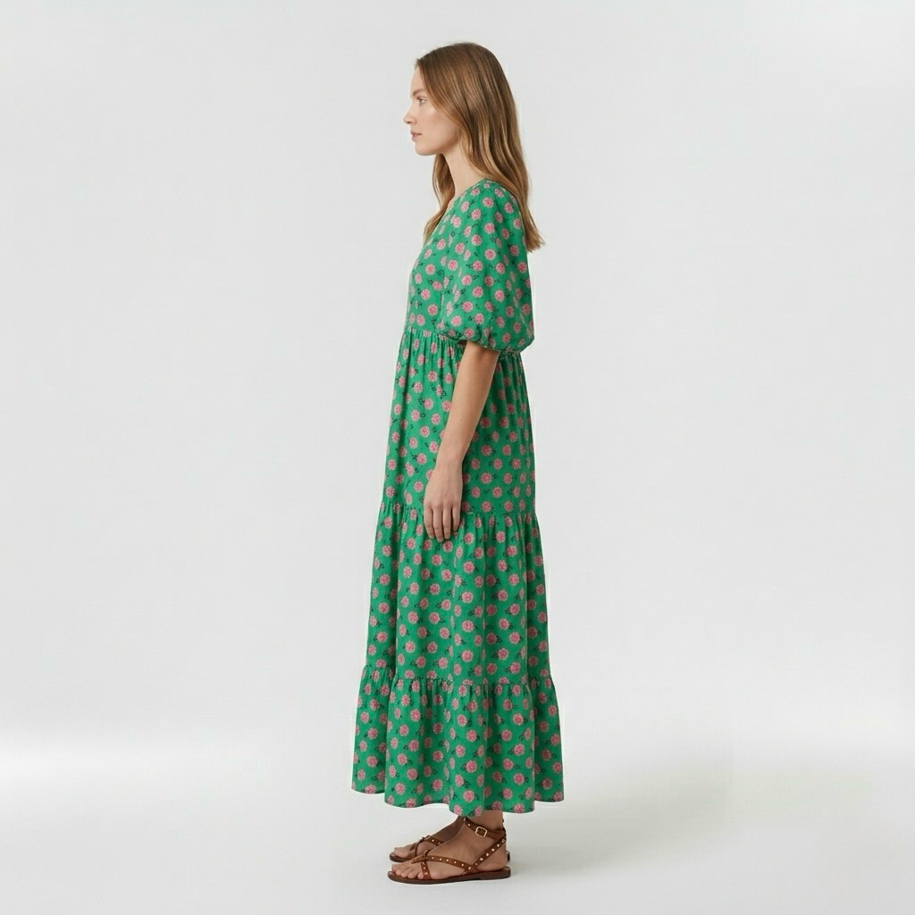 Abito lungo verde a fantasia con maniche corte da donna