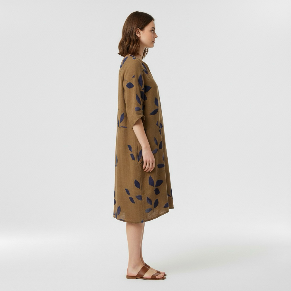 Vestido midi estampado con manga tres cuartos para mujer