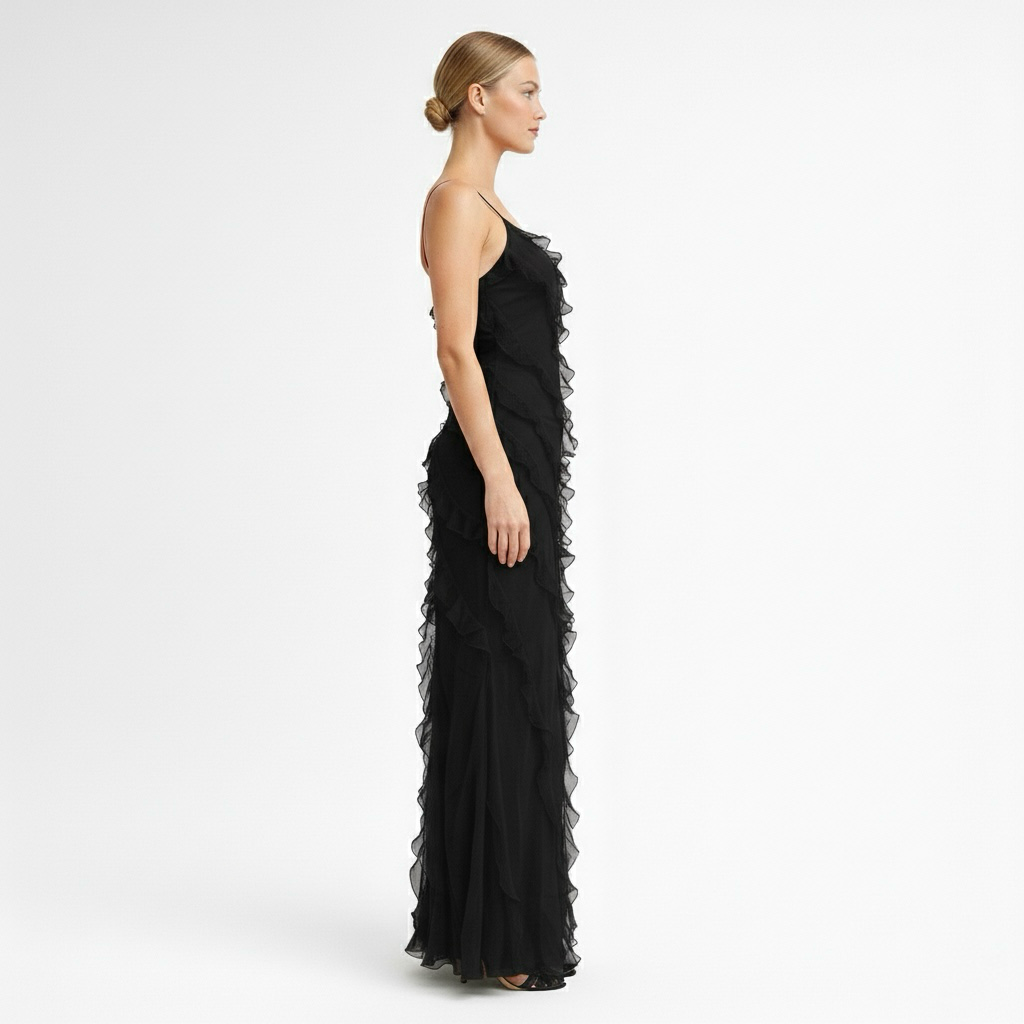 Abito lungo da sera per donna con spalline e design a strati