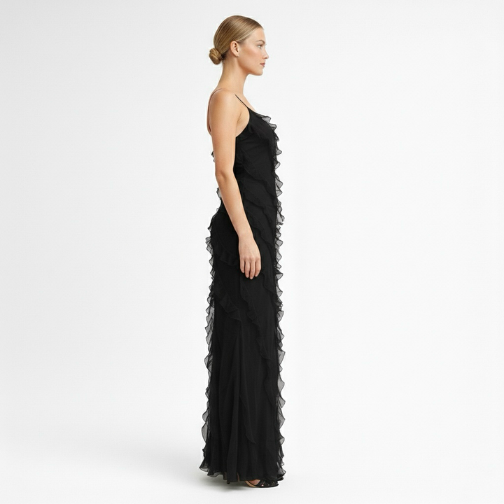 Abito lungo da sera per donna con spalline e design a strati