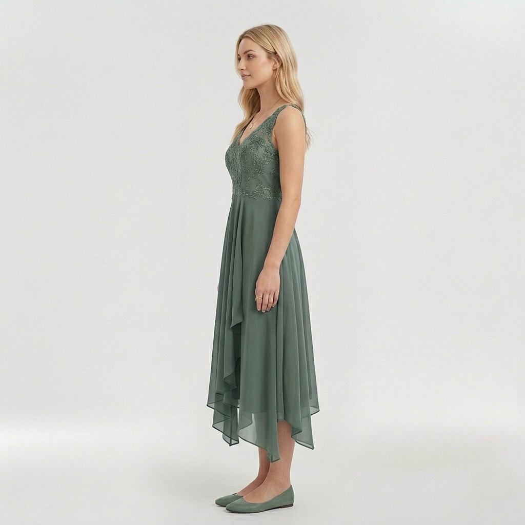 Εlegant βραδινό φόρεμα για γυναίκα με ασύμμετρη φούστα