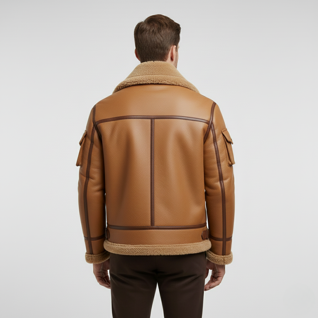 Pánská kožená bunda s beránkem v barvě velbloudí srsti na zimu