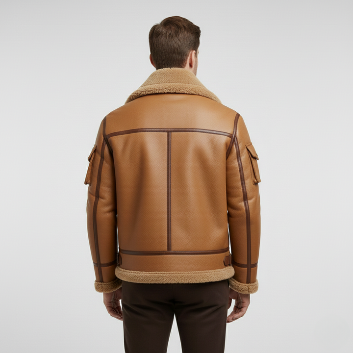 Pánská kožená bunda s beránkem v barvě velbloudí srsti na zimu