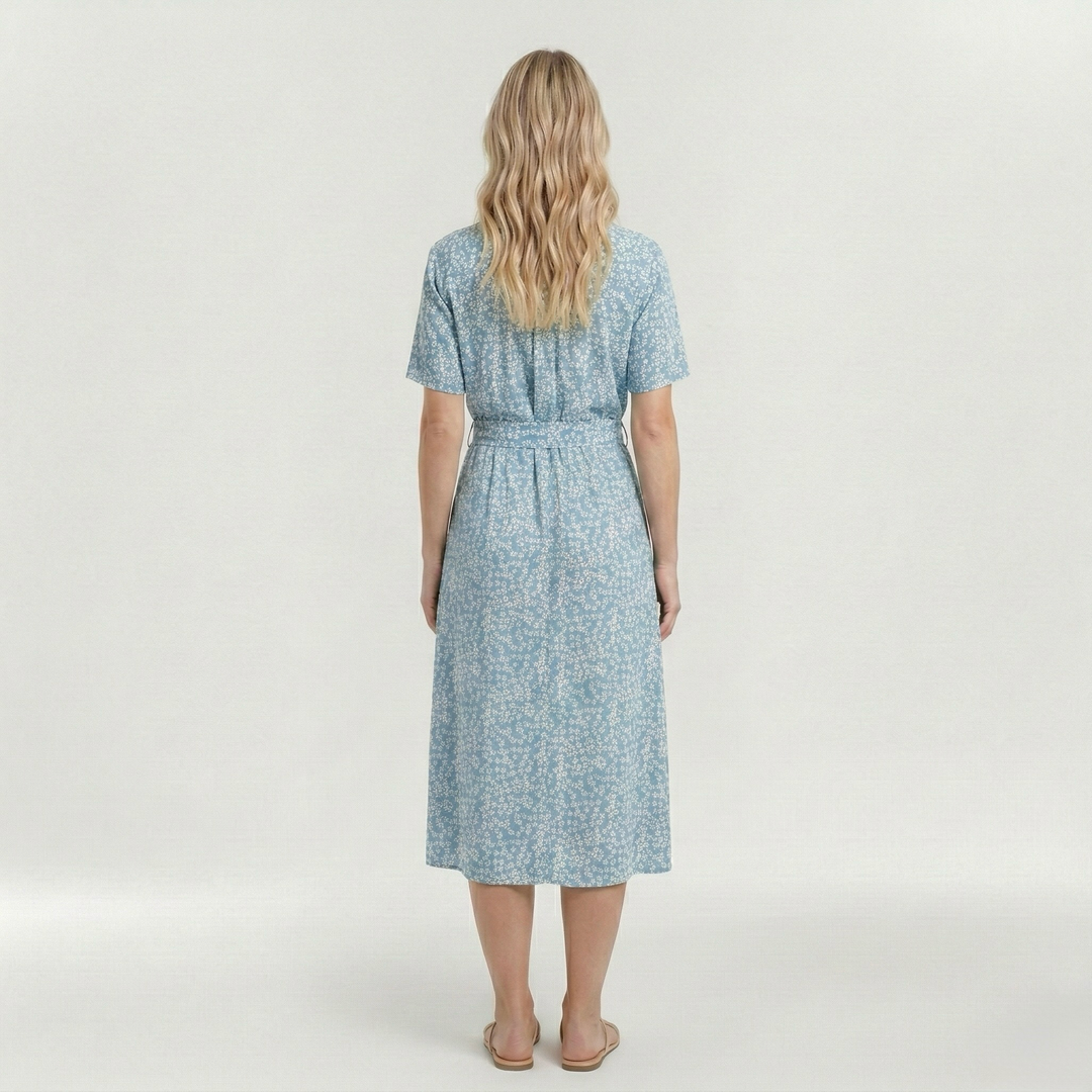 Vestito midi stampato con cintura e manica corta da donna