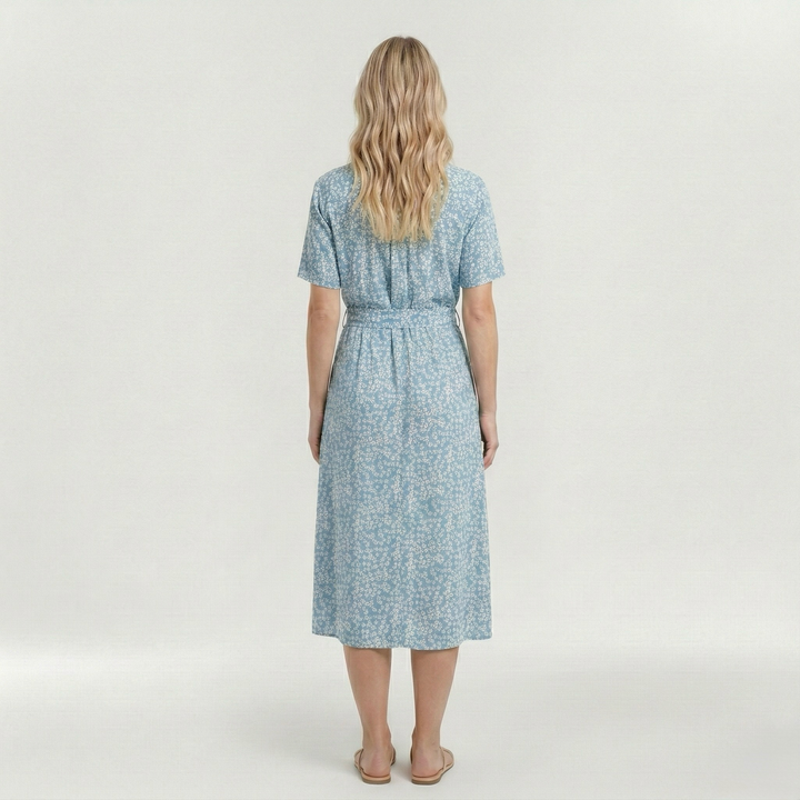 Vestito midi stampato con cintura e manica corta da donna