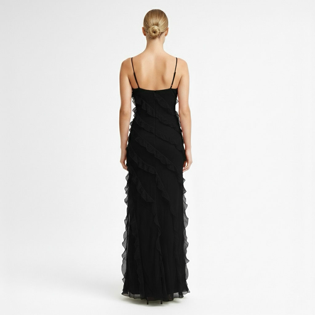 Abito lungo da sera per donna con spalline e design a strati