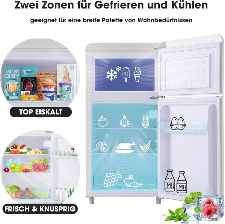 Merax Kühlschrank mit Gefrierfach, Kühl-Gefrierkombination, klein Kühlschrank mit 51L und Gefrierschrank 21L, Leise, LED, Glasablagen, Gemüsefach, Türablagen, für Küche, Wohnzimmer, Büro, Schwarz