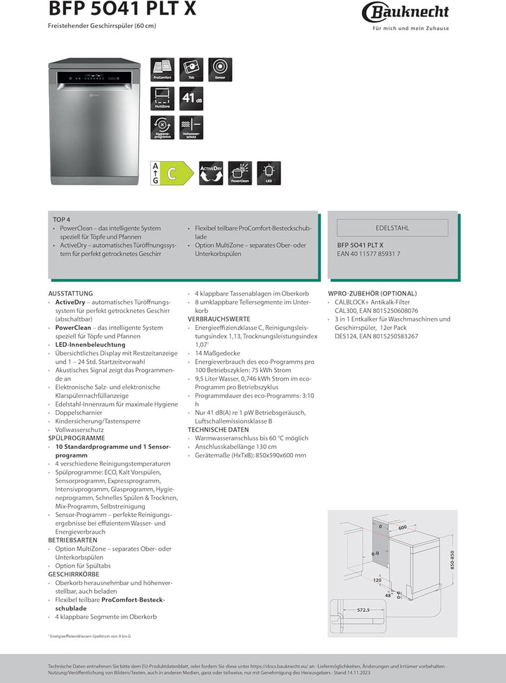 Bauknecht B7F HP43 XA Freistehender Geschirrspüler/ 60 CM/ 15 Maßgedecke/PowerClean Pro-Effektive Hochdruckdüsen/Natural Dry-Automatische Türoffnung-Bessere Trocknung/Maxi Space-Mehr Innenraum