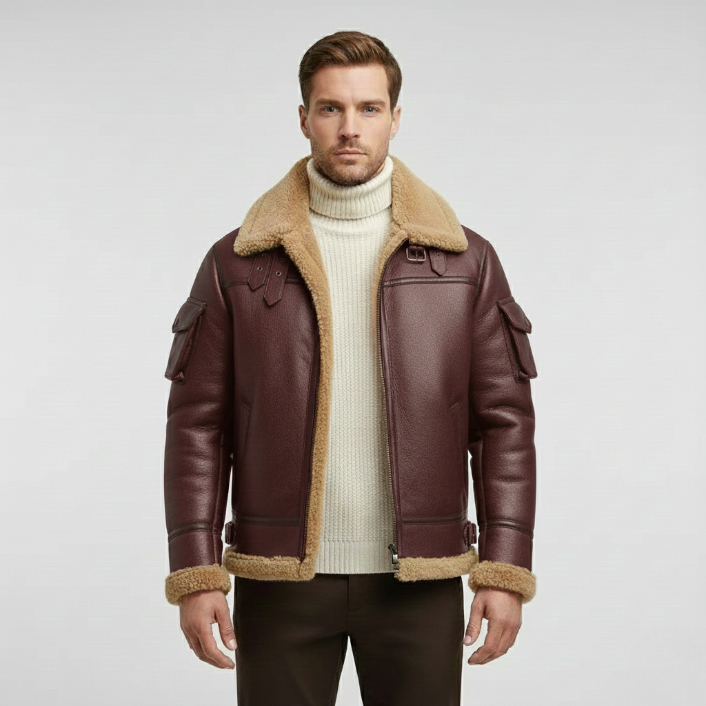 Pánská kožená bunda s beránkem v barvě velbloudí srsti na zimu