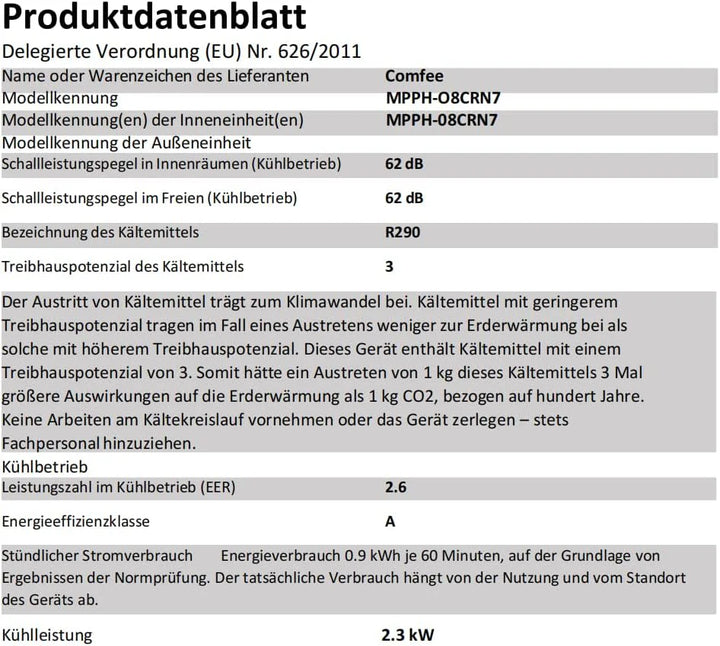 Comfee Mobiles Klimagerät MPPH-09CRN7, 9000 BTU 2,6kW, Kühlen&Ventilieren&Entfeuchten, Raumgröße bis 88m³(33㎡), Mobile Klimaanlage mit Abluftschlauch