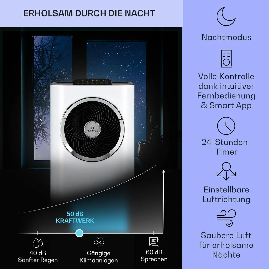 Klarstein Mobile Klimaanlage mit Abluftschlauch, 5-in-1 Klimagerät, Ventilator, Luftentfeuchter, Luftreiniger & Nachtmodus, App-Steuerung, Kleine & Portable, für Wohnung & Büro, 12000 BTU