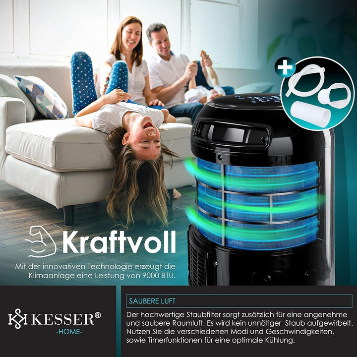 KESSER® Klimaanlage Mobil Klimagerät Sky Tower 4in1 kühlen, Luftentfeuchter, lüften, Ventilator - 9000 BTU/h (2.600 Watt) 2,7KW - Klima, Fernbedienung und Timer, Nachtmodus (EEK: D), Schwarz