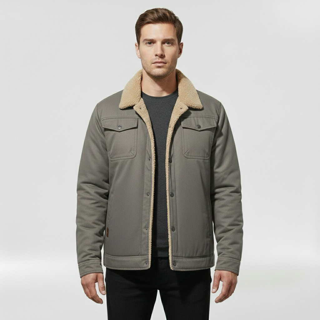 Pánská bunda s límcem z beránčí kožešiny a předním zipem pro chladné počasí