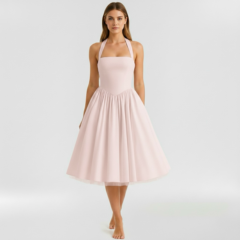 Abito midi da donna senza maniche e svasato per eventi