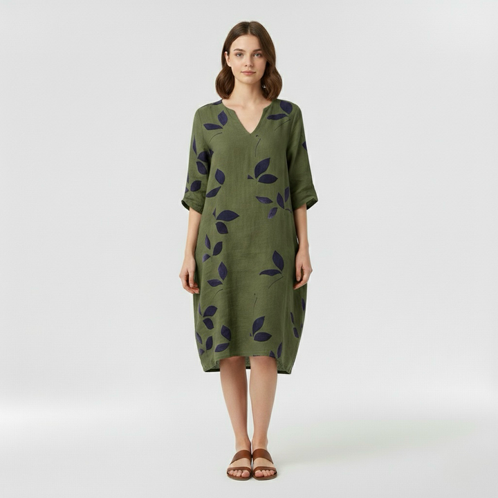 Vestido midi estampado con manga tres cuartos para mujer