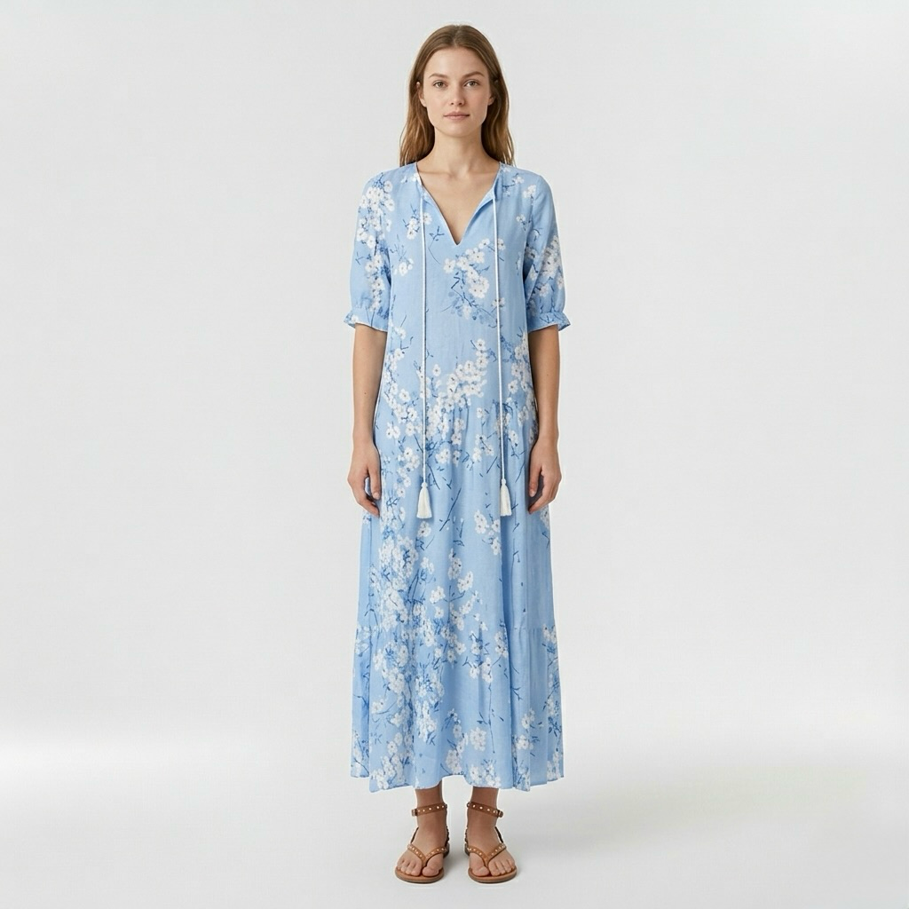 Abito lungo a fiori con maniche corte da donna