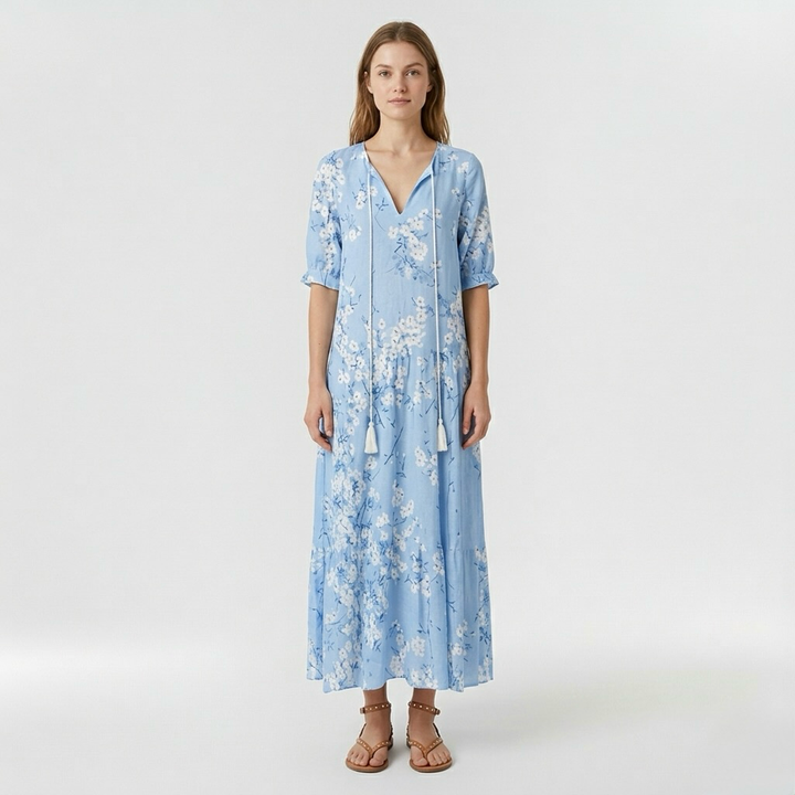 Abito lungo a fiori con maniche corte da donna