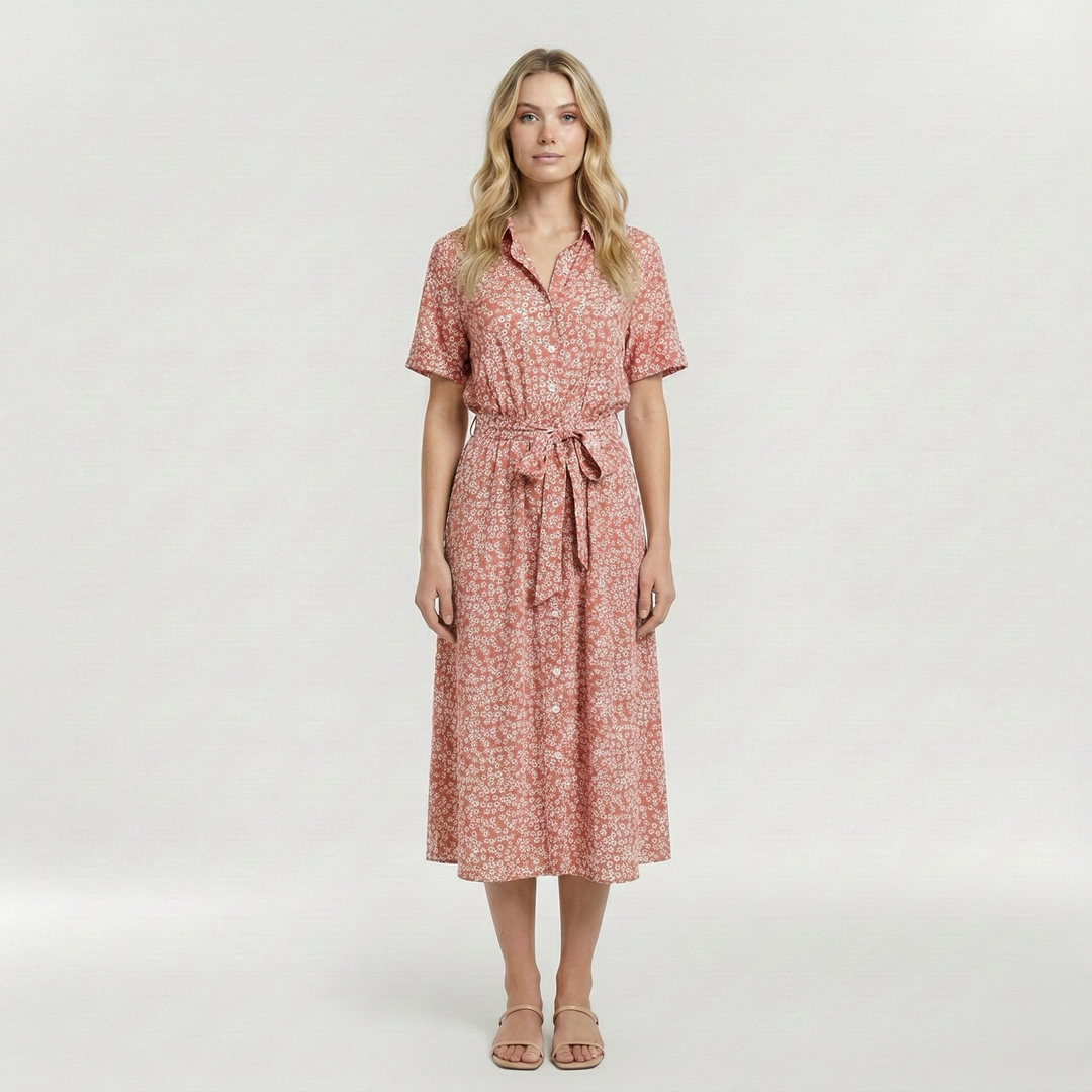 Vestito midi stampato con cintura e manica corta da donna