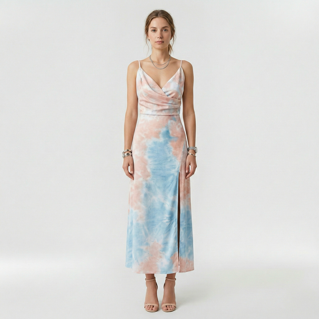 Abito lungo con spacco laterale e bretelle per donna