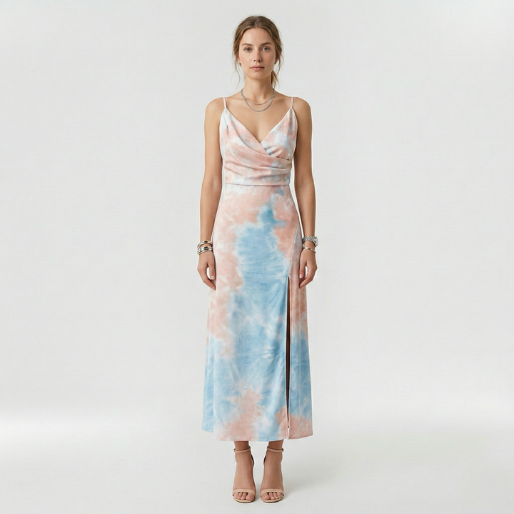 Abito lungo con spacco laterale e bretelle per donna