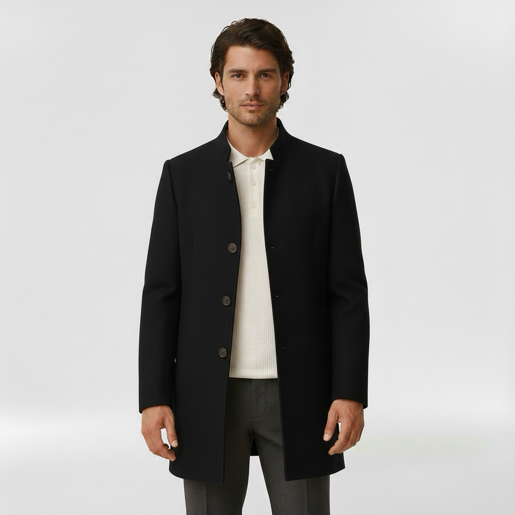 Men's coat with single front button fastening for winter