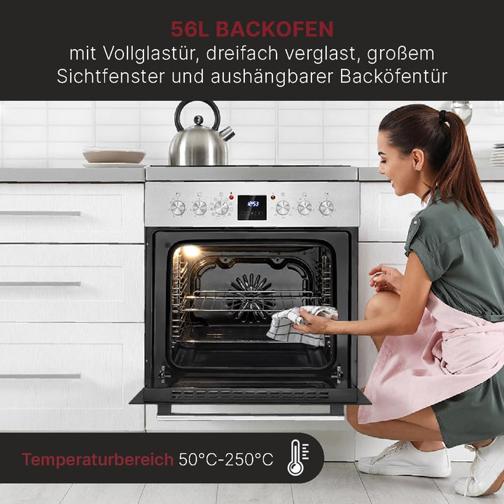 Bomann Elektroherd-Set | Einbauherd mit Ceranfeld | Kochfeld mit 4 Kochzonen | Einbaubackofen mit 56l Nutzinhalt | 9 Backofen Funktionen | Glaskeramik-Kochfeld mit Bräterzone | EHBC 7936 IX