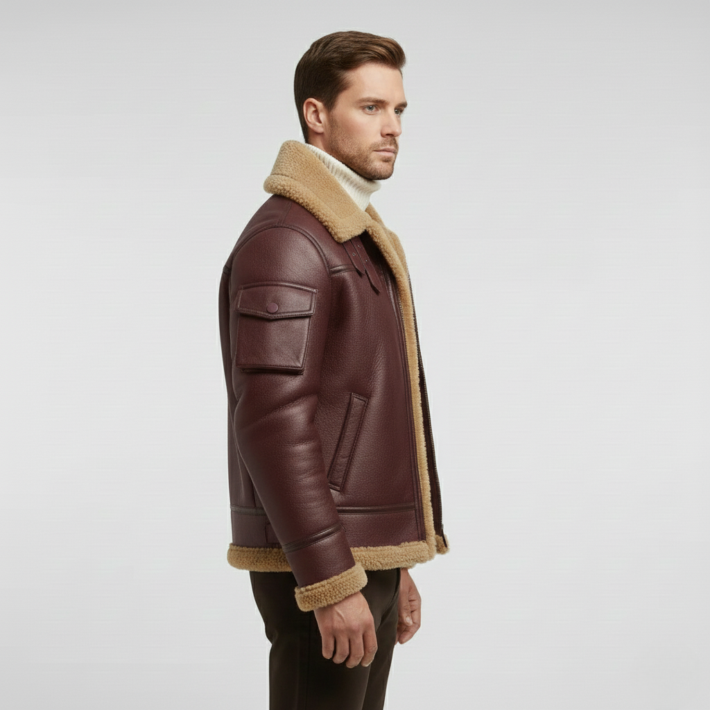 Pánská kožená bunda s beránkem v barvě velbloudí srsti na zimu