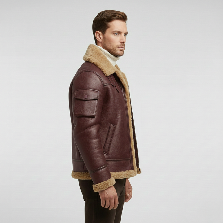 Pánská kožená bunda s beránkem v barvě velbloudí srsti na zimu
