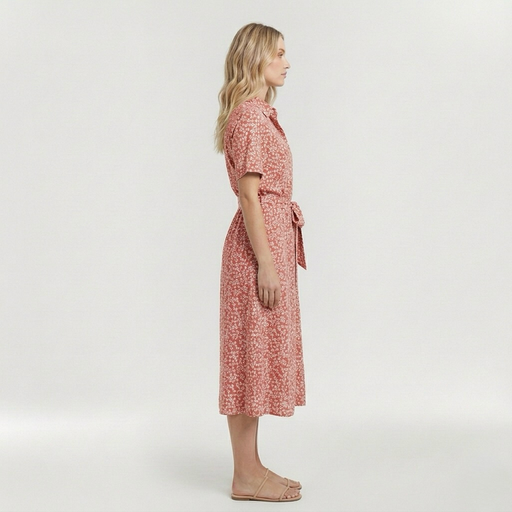 Vestito midi stampato con cintura e manica corta da donna