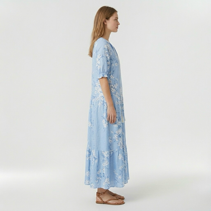 Abito lungo a fiori con maniche corte da donna