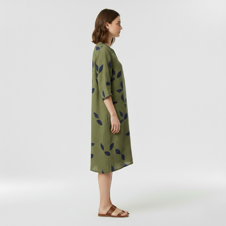 Vestido midi estampado con manga tres cuartos para mujer