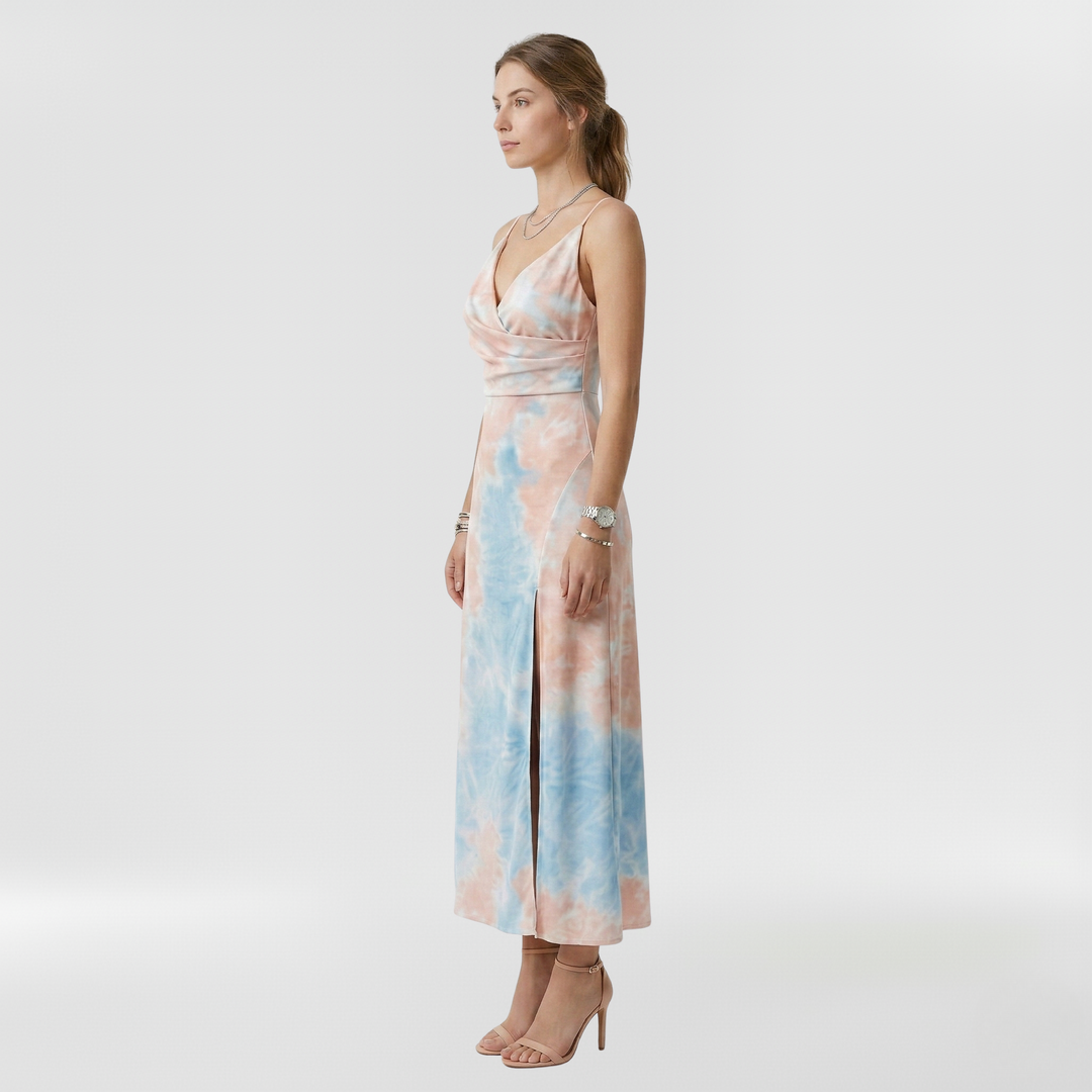 Abito lungo con spacco laterale e bretelle per donna