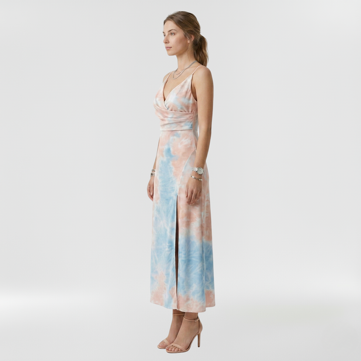 Abito lungo con spacco laterale e bretelle per donna