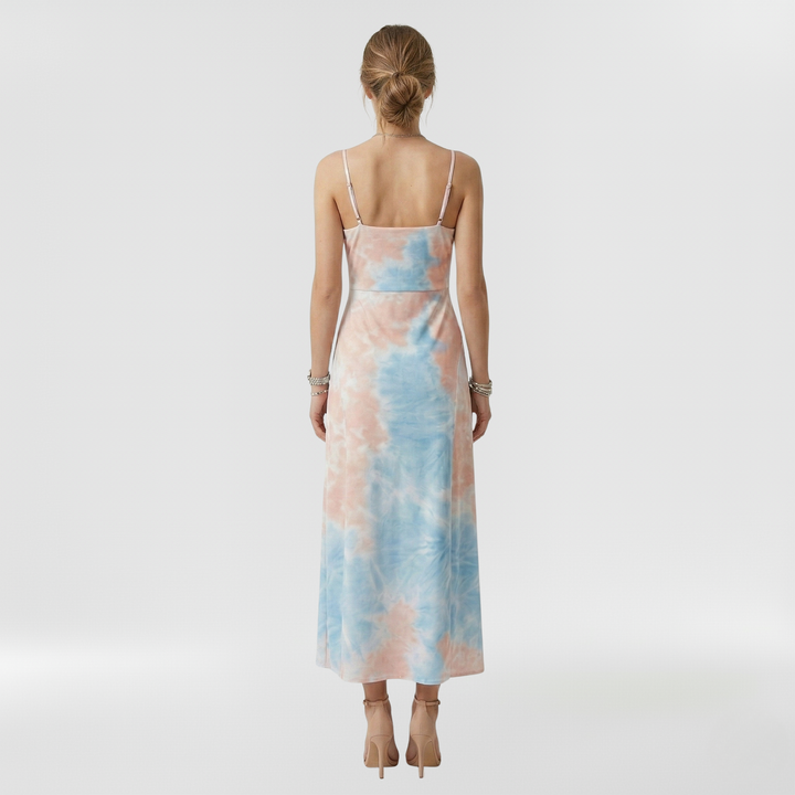 Abito lungo con spacco laterale e bretelle per donna