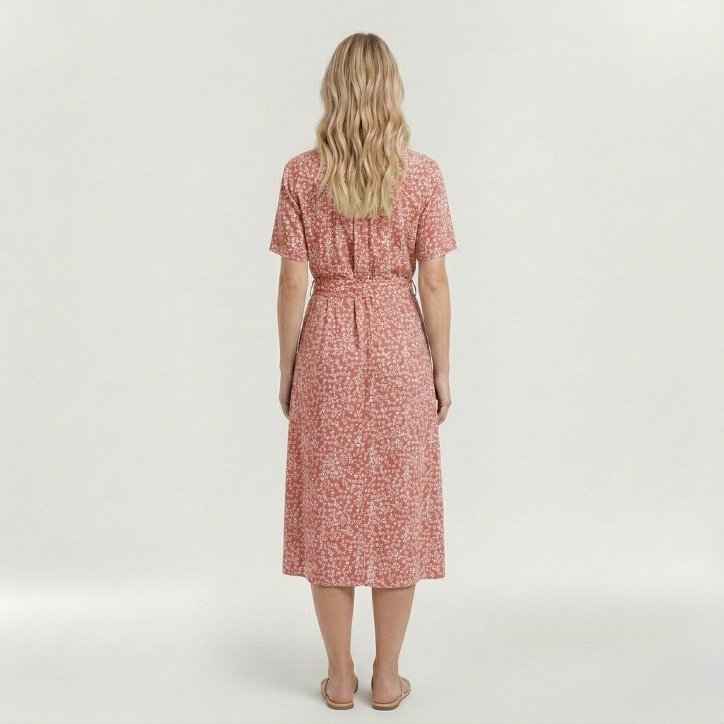 Vestito midi stampato con cintura e manica corta da donna