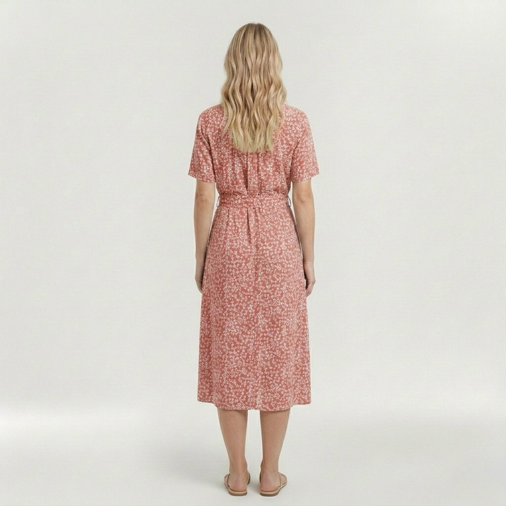 Vestito midi stampato con cintura e manica corta da donna