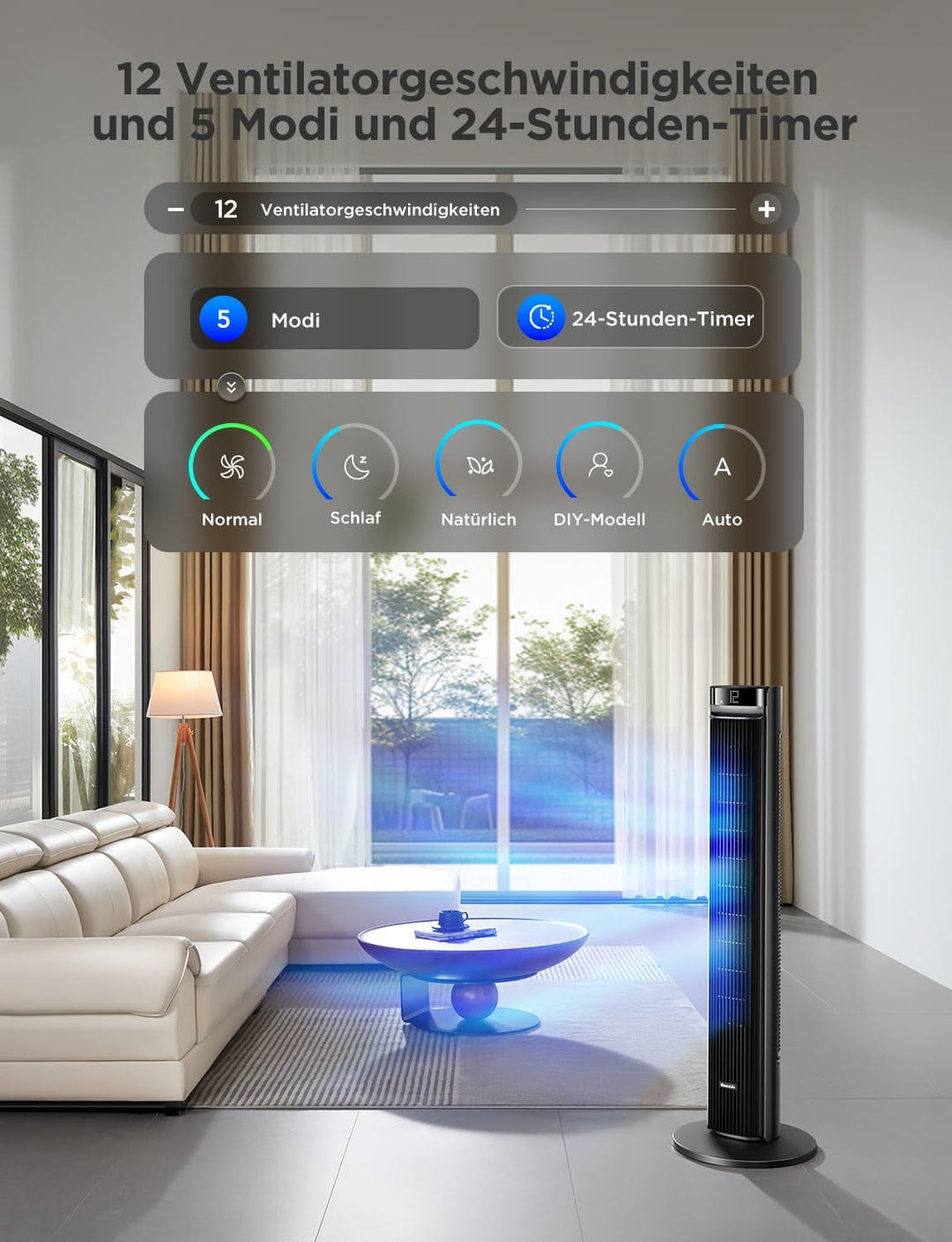 GoveeLife 27 dB leiser Ventilator, 12 Geschwindigkeiten bis zu 8 m/s, 5 Modi, 24-Stunden-Timer, intelligenter Turmventilator mit 150°-Oszillation, APP- und Sprachsteuerung für Zuhause, schwarz
