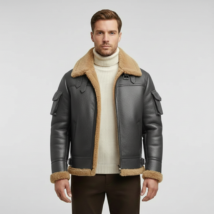 Pánská kožená bunda s beránkem v barvě velbloudí srsti na zimu